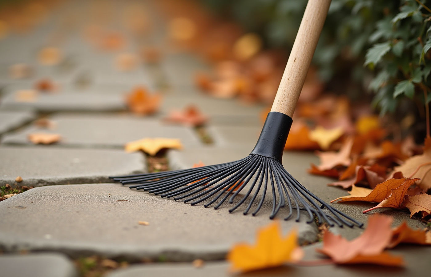 Fall cleanup — rake and leaves on a clean walkway